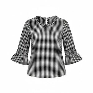 Daniel Rainn Womens Gingham Bell Sleeve Blouse Black White Check Top PS